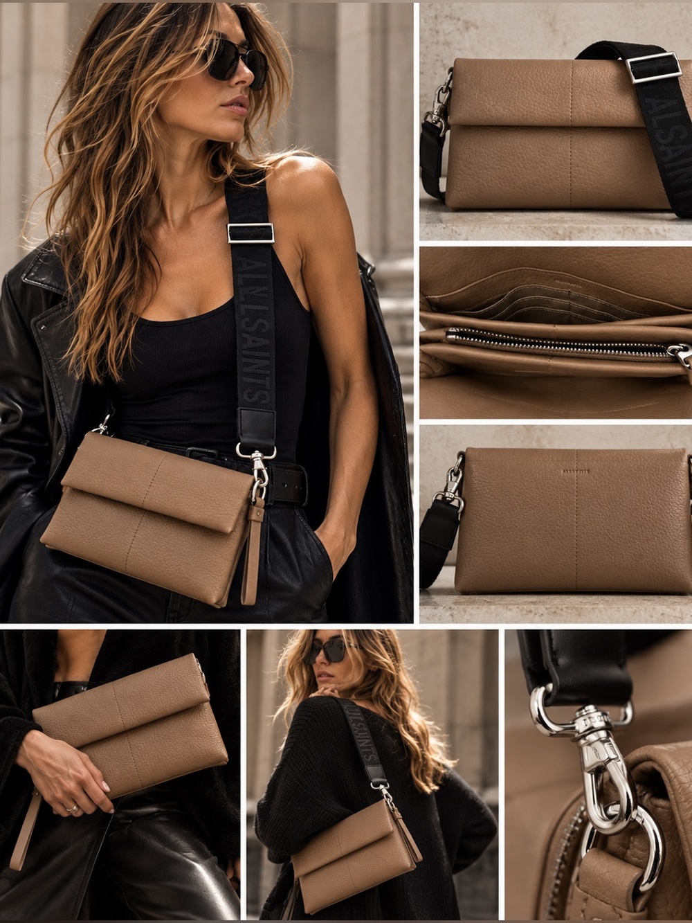 AllSaints Ezra Logo Strap Pebbled Leather Crossbody Bag Taupe Tan Silver